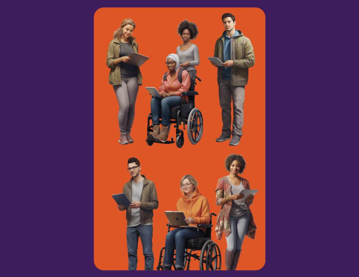 Six people with disabilities and one without. All the people with disabilities are looking at their electronic devices.