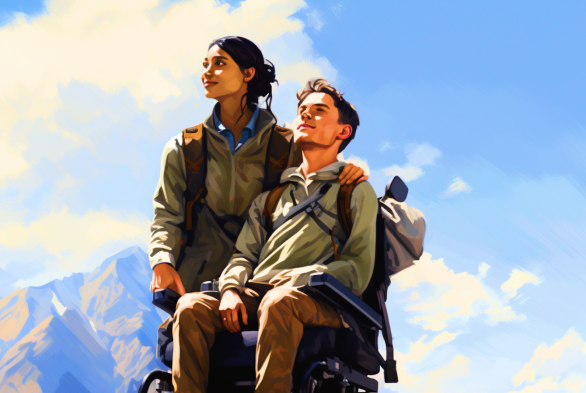 A man in a wheelchair with his female companion on a mountain. Image produced using Midjourney.