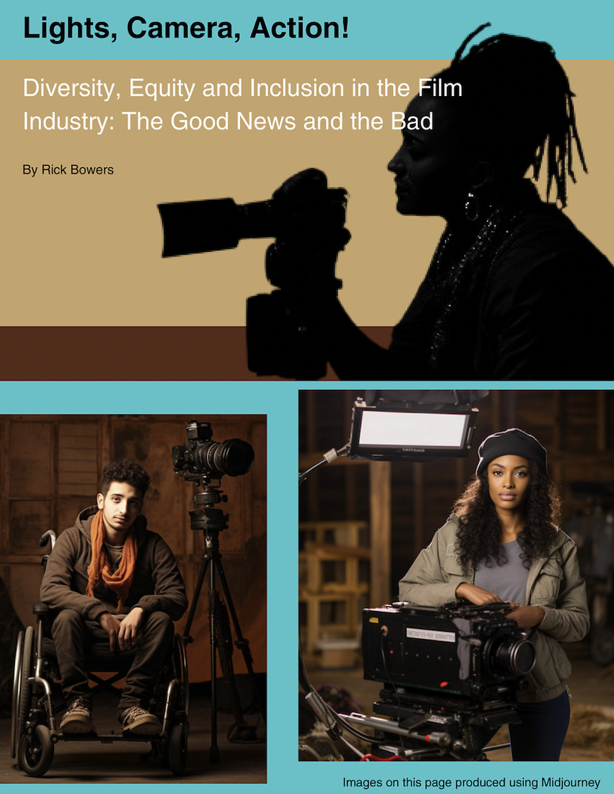 Lights, Camera, Action! cover page. Page includes three images: a silhouette of a woman with a camera, an Arab cameraman in a wheelchair, and a black filmmaker. Images produced using Midjourney.