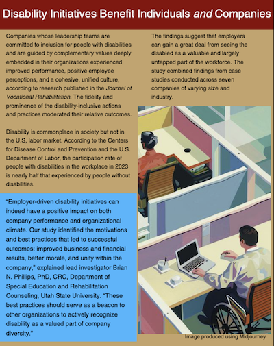 Cover page for "Disability Initiatives Benefit Individuals and Companies" article. Image of workers in cubicles. One worker is sitting in a wheelchair. 