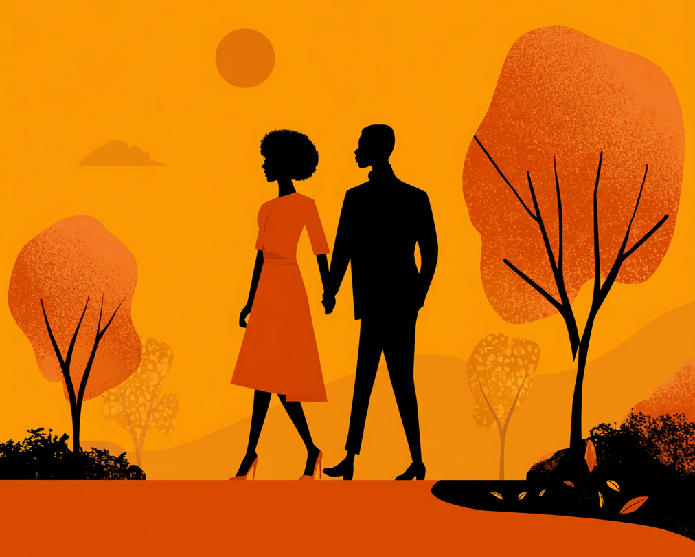 Male and female walking in the park. Image produced using Midjourney