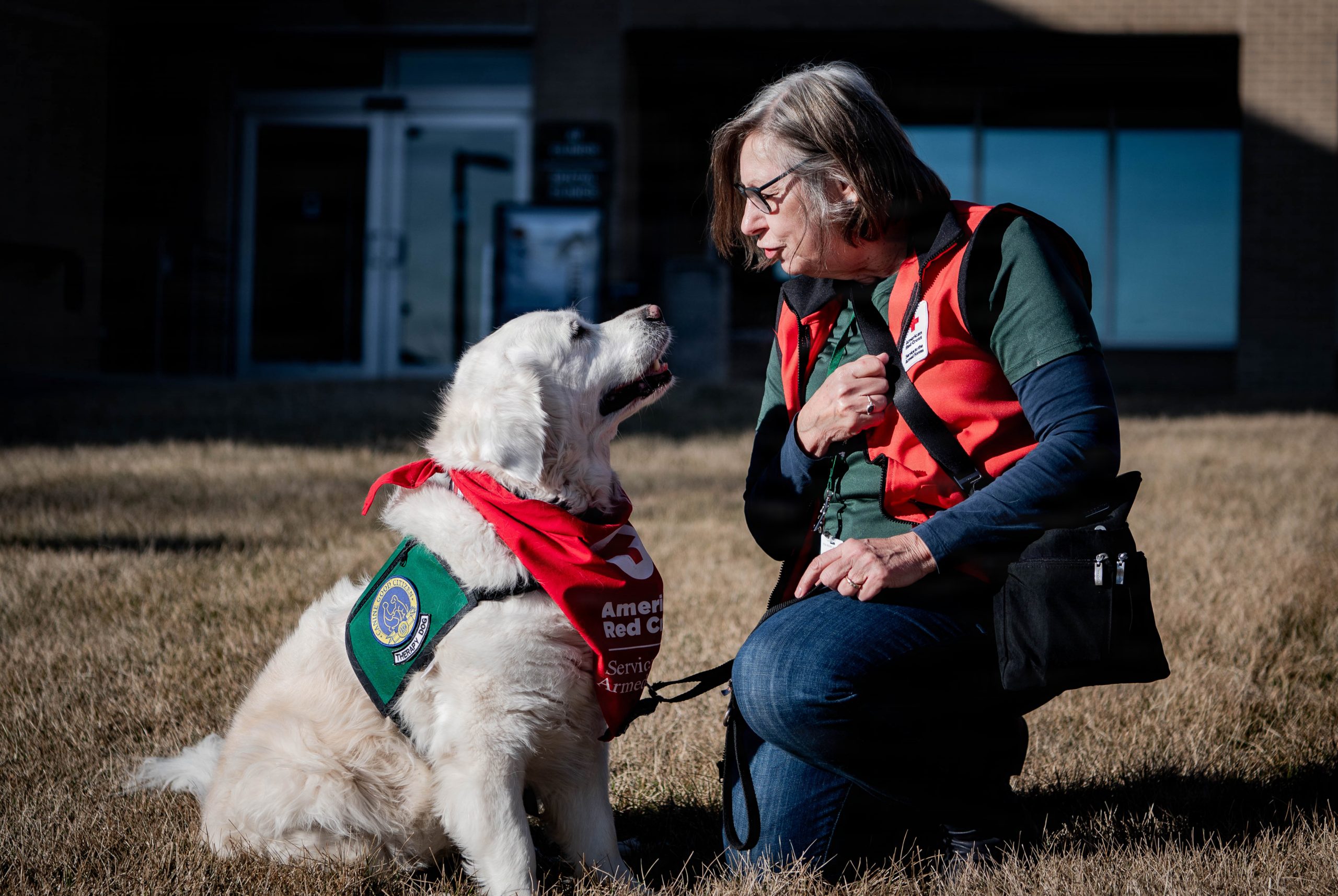 Sharon Hall looks at her therapy dog Izy. (U.S. Air Force photo by Daniel Martinez)