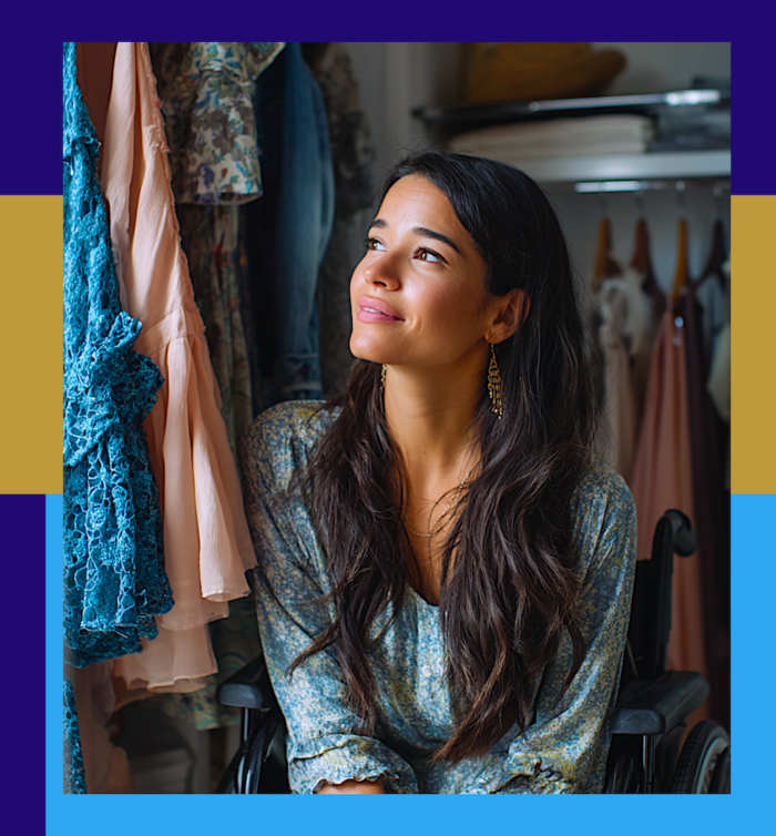 Woman in wheelchair looking up at her clothes. Image produced using Midjourney